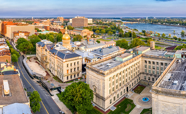 Aerial panorama of Trenton New Jersey skyline on late sunny afternoon
